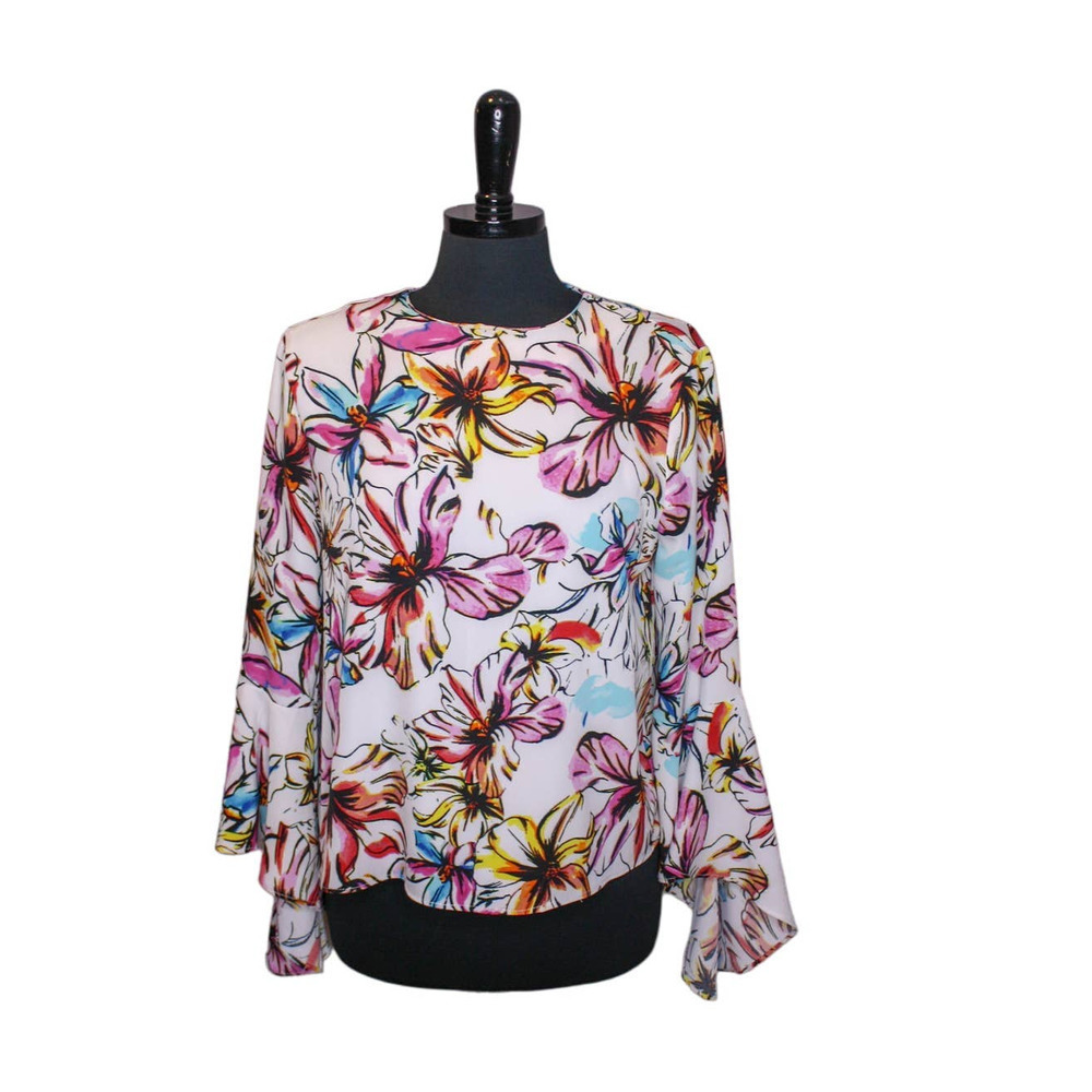 Catherine Malandrino Floral Blouse Top Flare Sleeve Multicolor Size M